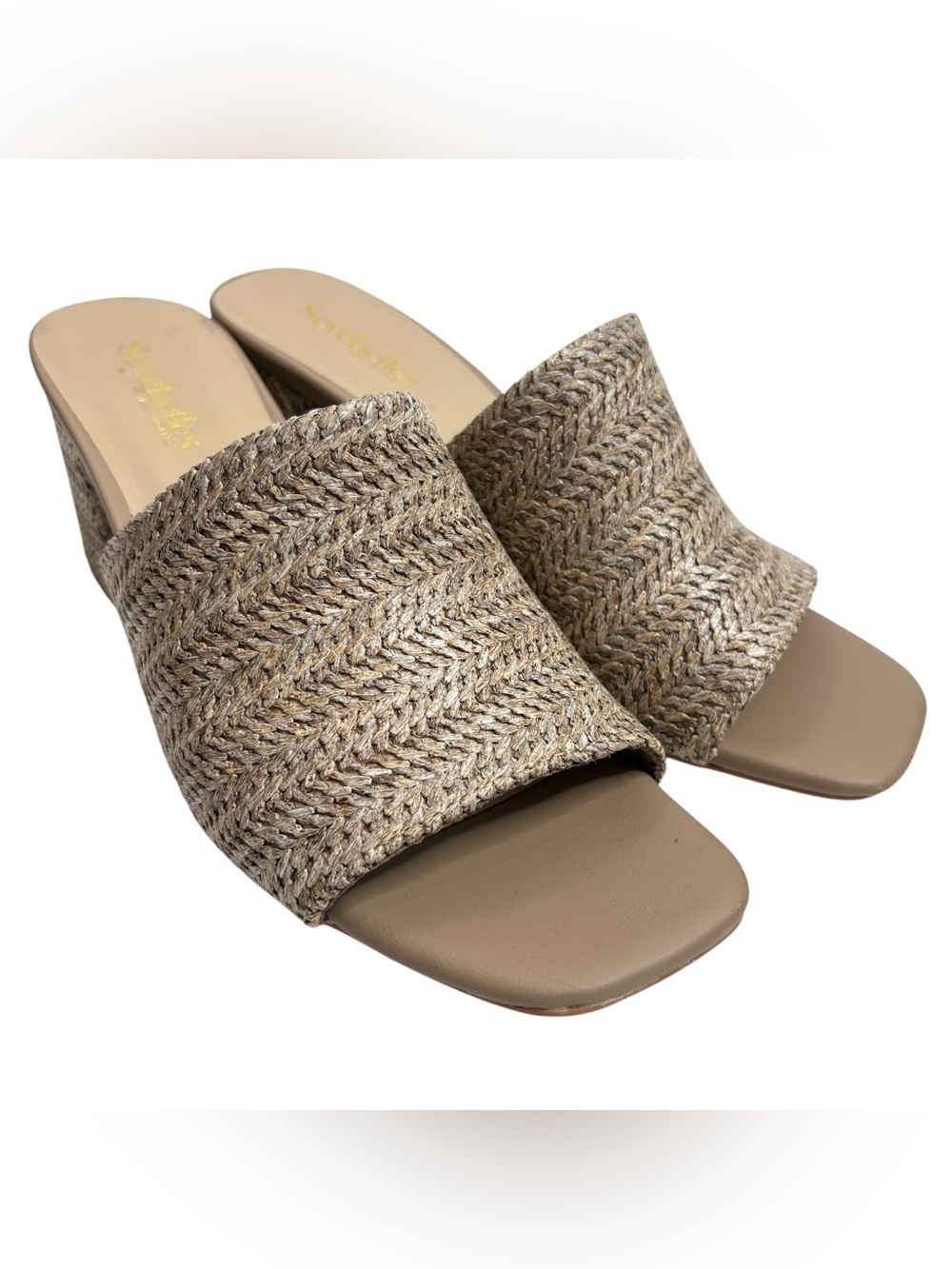 SEYCHELLES Woven Slide Chunky Heel Sandals in Natural Taupe NWOT $89